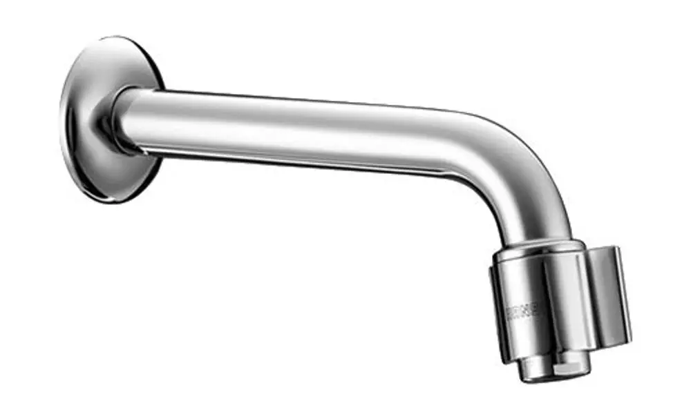 Schwenkbarer Wasserhahn aus verchromtem Material, mit Anschluss für einen Einhebelmischer, hergestellt von HANSA, zur Montage an einem Waschtisch.